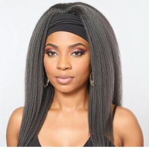 HUMAN HAIR 16” salt and pepper yaki kinky curly headband wig